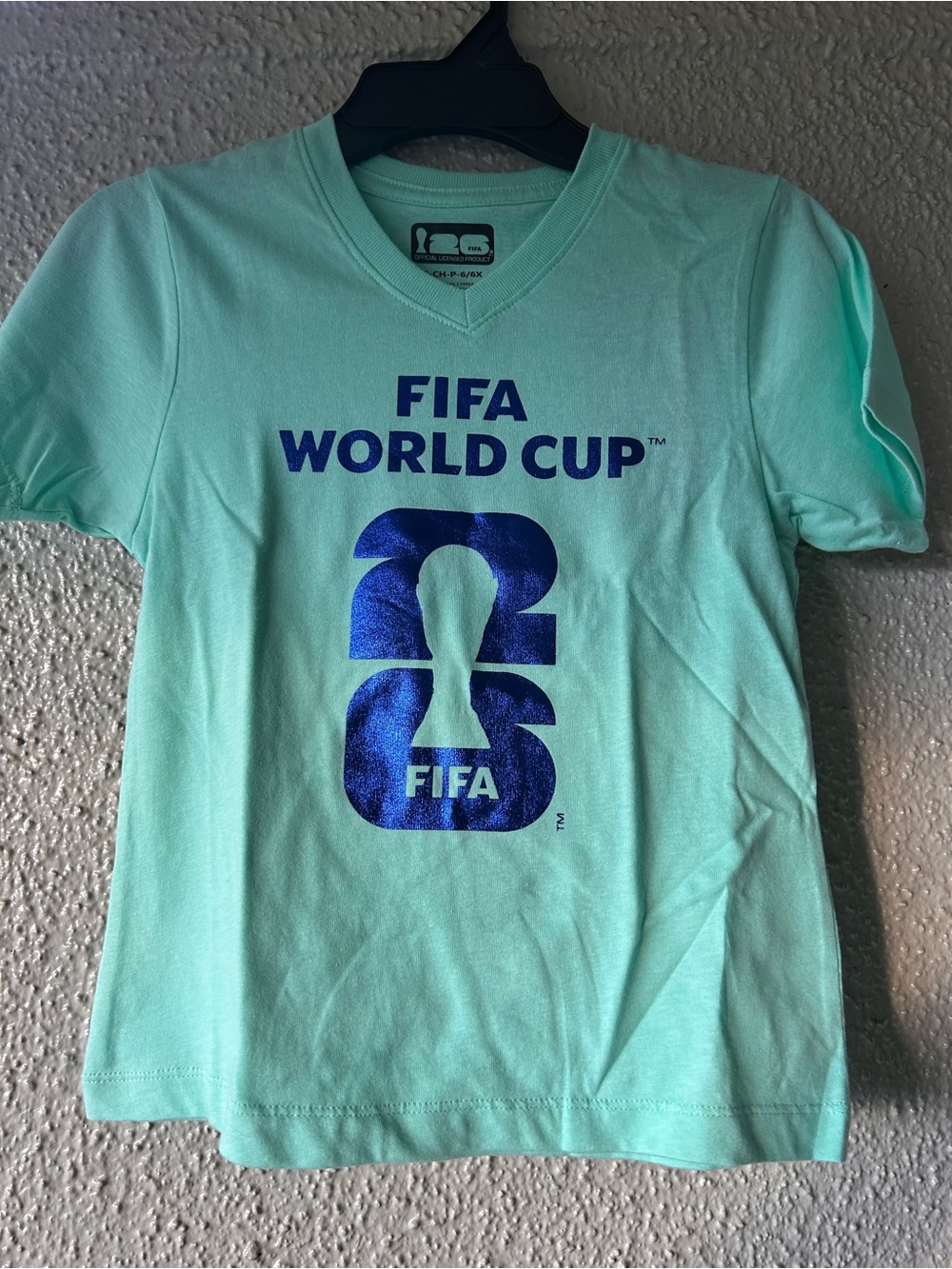 FIFA World Cup Kids' V-Neck Tee in Mint with Blue glitter Logo small 6-6x NWT